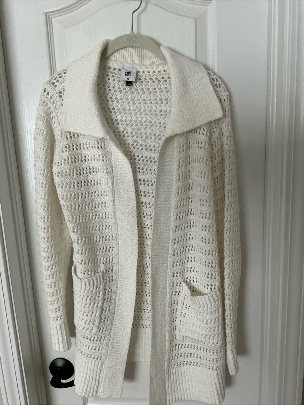 CAbi White Open Stitch Collared Cardigan with Pockets